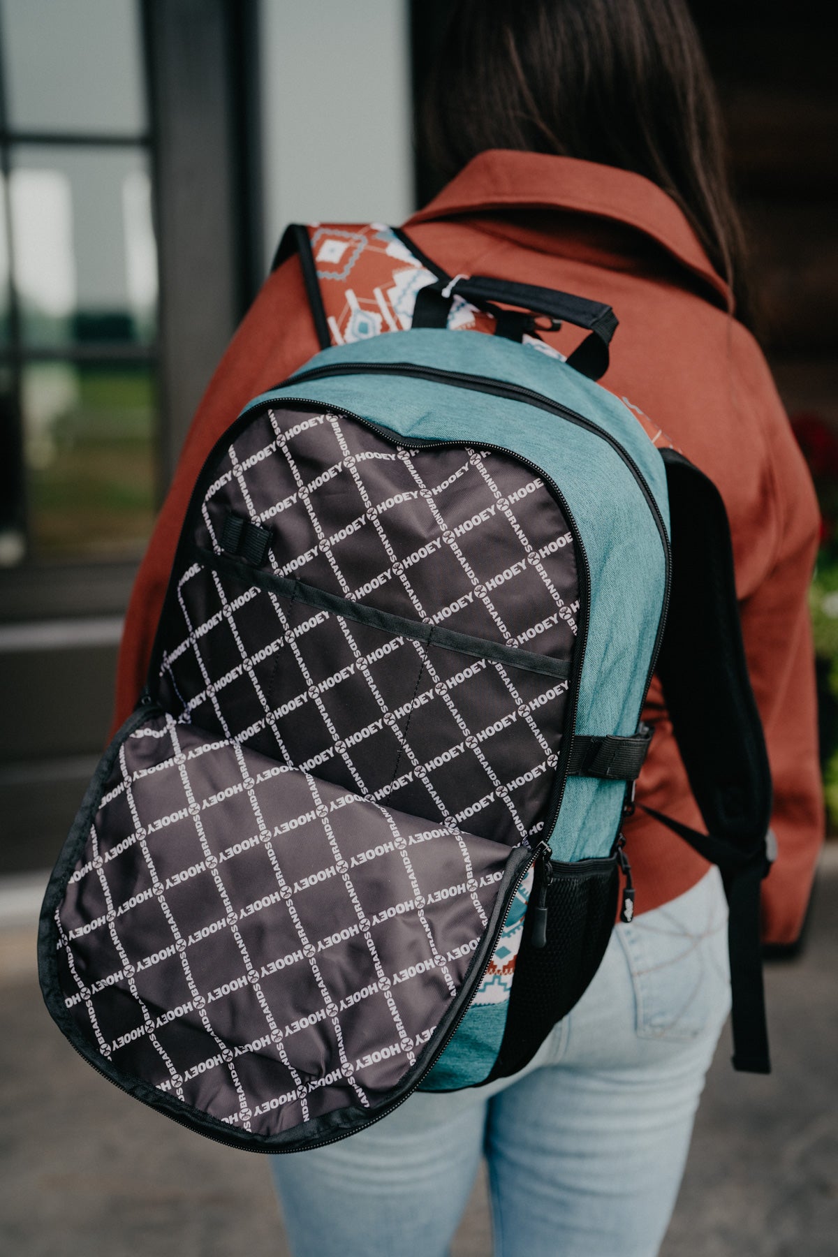 Rockstar Hooey Backpack Rust / Teal Aztec Print with Teal Accents
