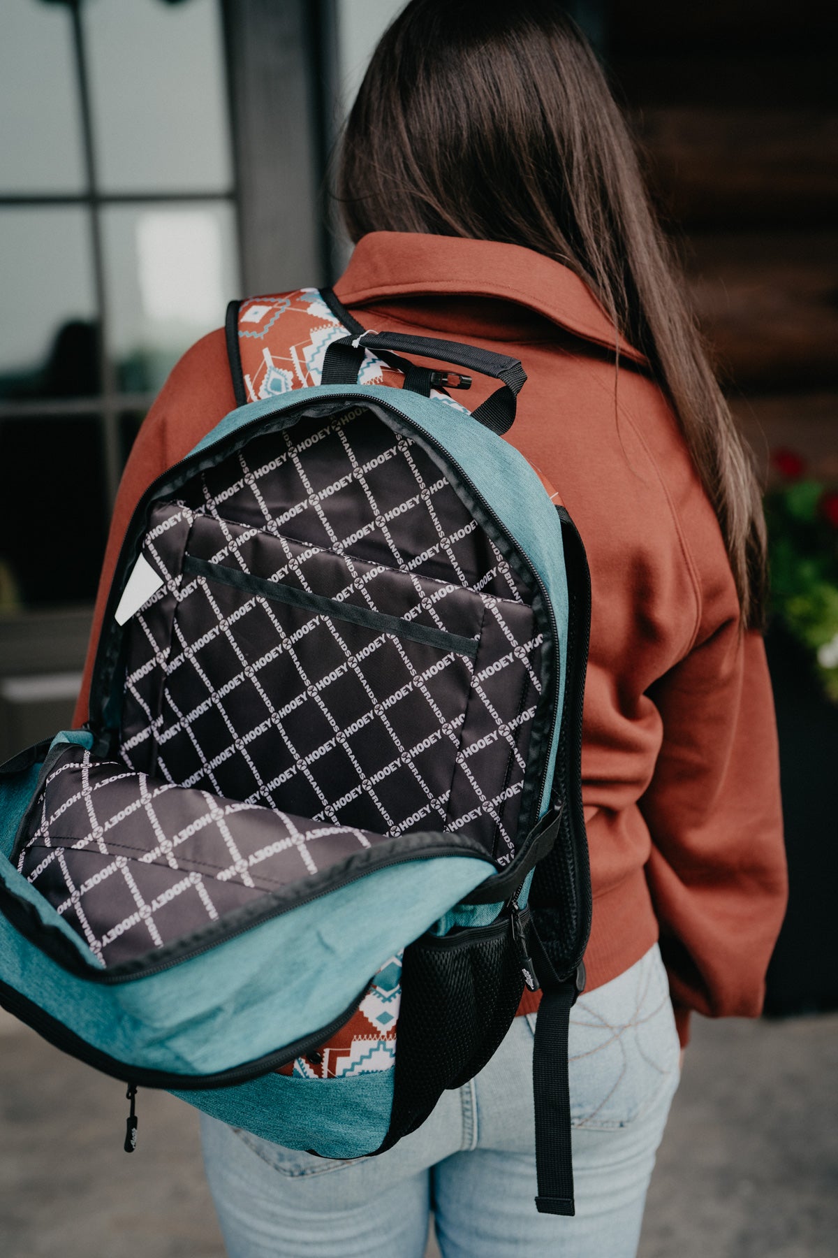 Rockstar Hooey Backpack Rust / Teal Aztec Print with Teal Accents