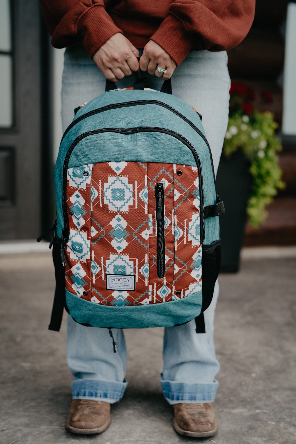 Rockstar Hooey Backpack Rust / Teal Aztec Print with Teal Accents