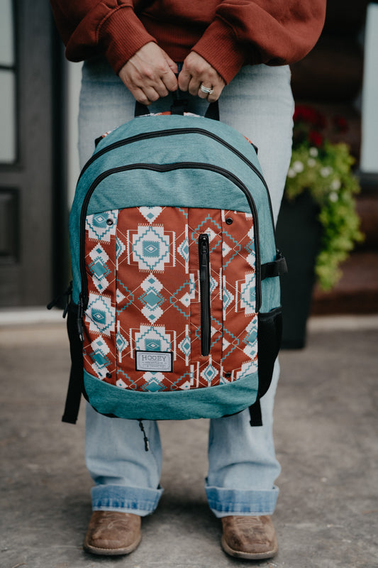 Rockstar Hooey Backpack Rust / Teal Aztec Print with Teal Accents