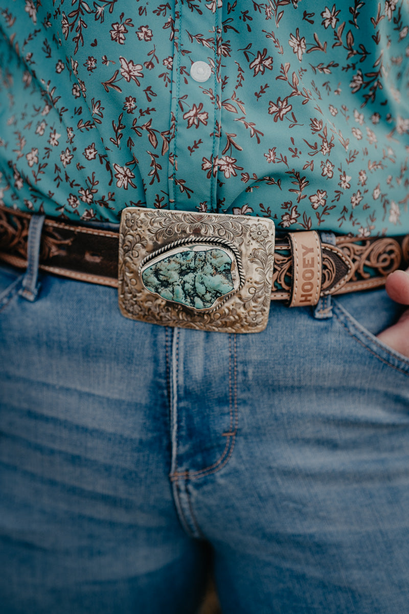Turquoise Floral Carved Rectangular German Silver Buckle