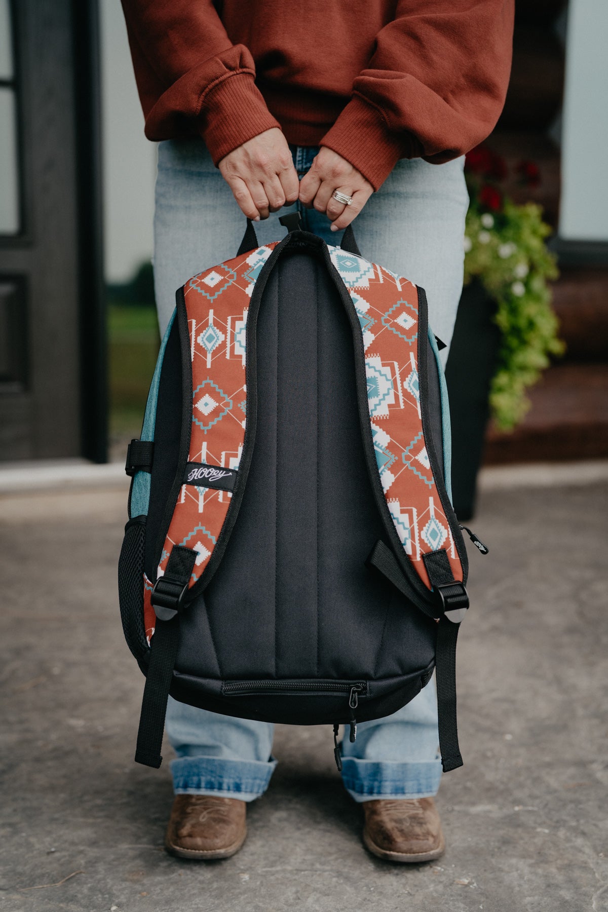 Rockstar Hooey Backpack Rust / Teal Aztec Print with Teal Accents