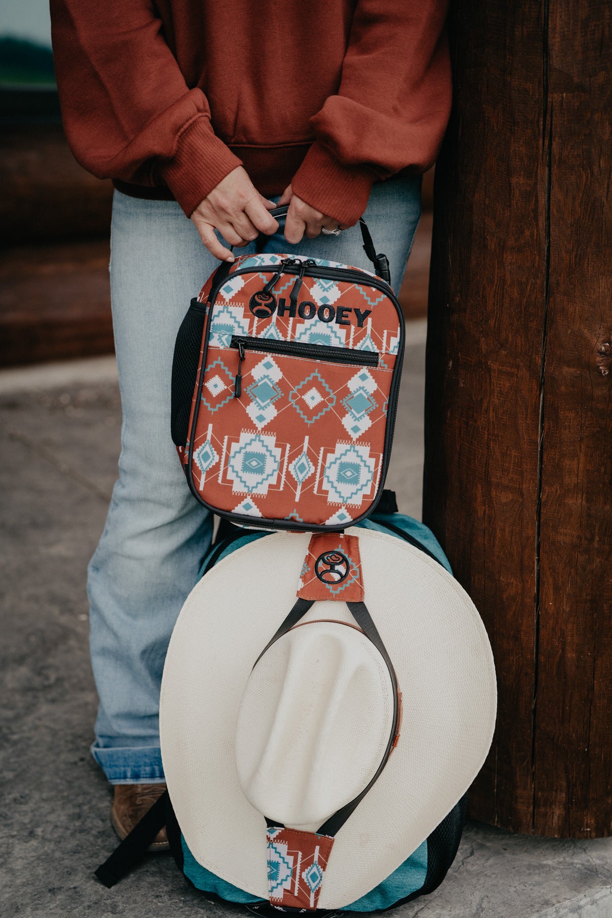 Rockstar Hooey Backpack Rust / Teal Aztec Print with Teal Accents