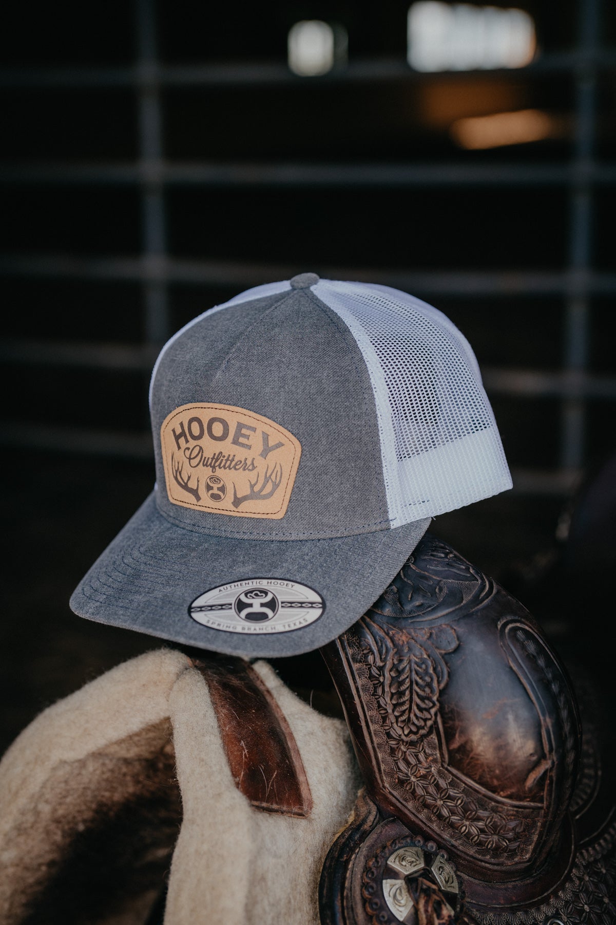'Outfitters' Black/White 5-Panel Trucker Hat with Brown Patch By Hooey