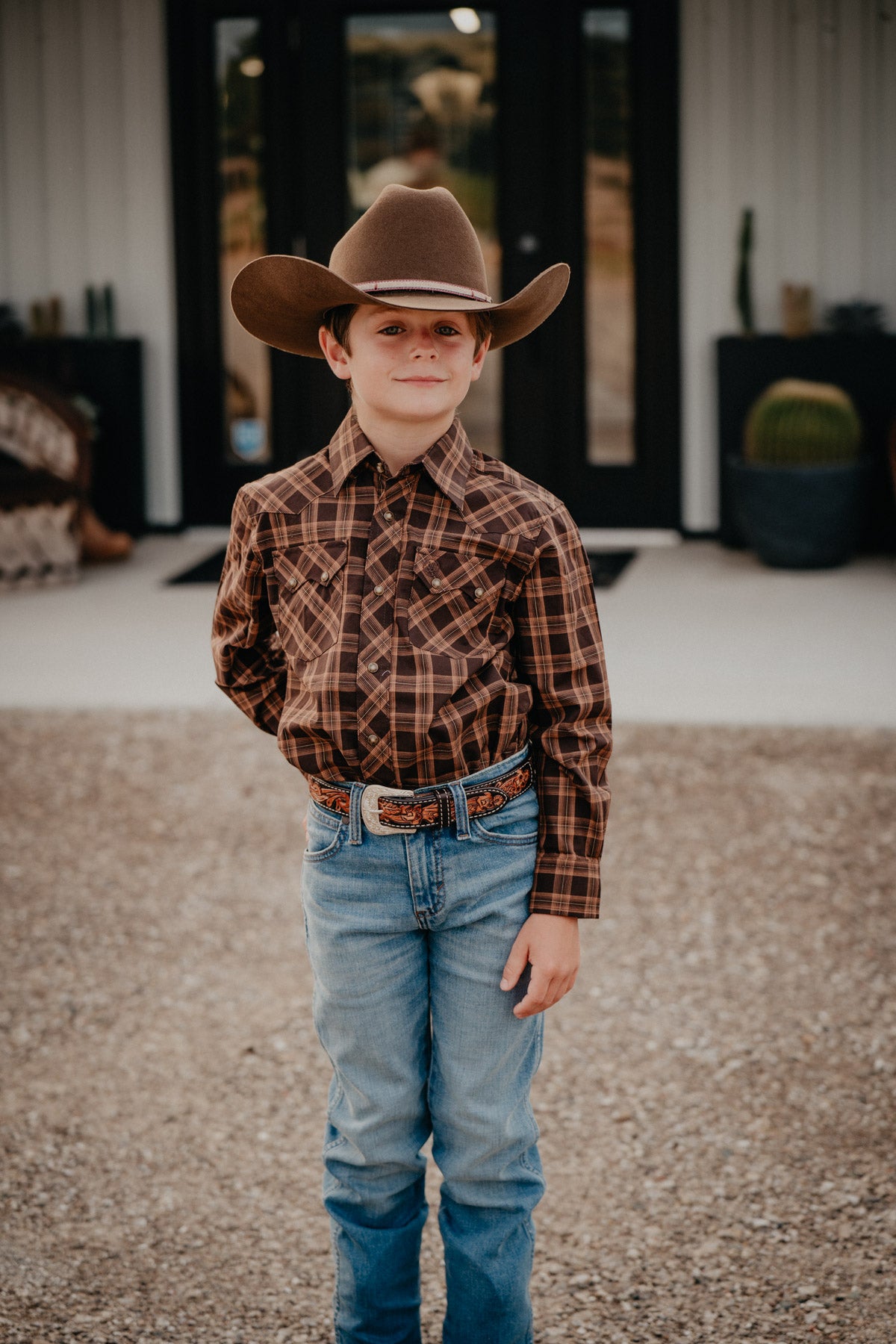 'Brody' Boys Brown/Caramel Plaid Wrangler Retro Pearl Snap Shirt (XXS-XL)