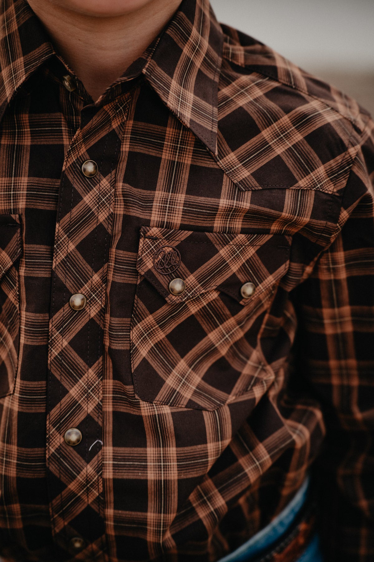 'Brody' Boys Brown/Caramel Plaid Wrangler Retro Pearl Snap Shirt (XXS-XL)