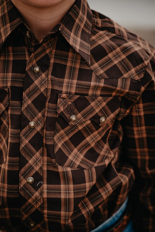 'Brody' Boys Brown/Caramel Plaid Wrangler Retro Pearl Snap Shirt (XXS-XL)