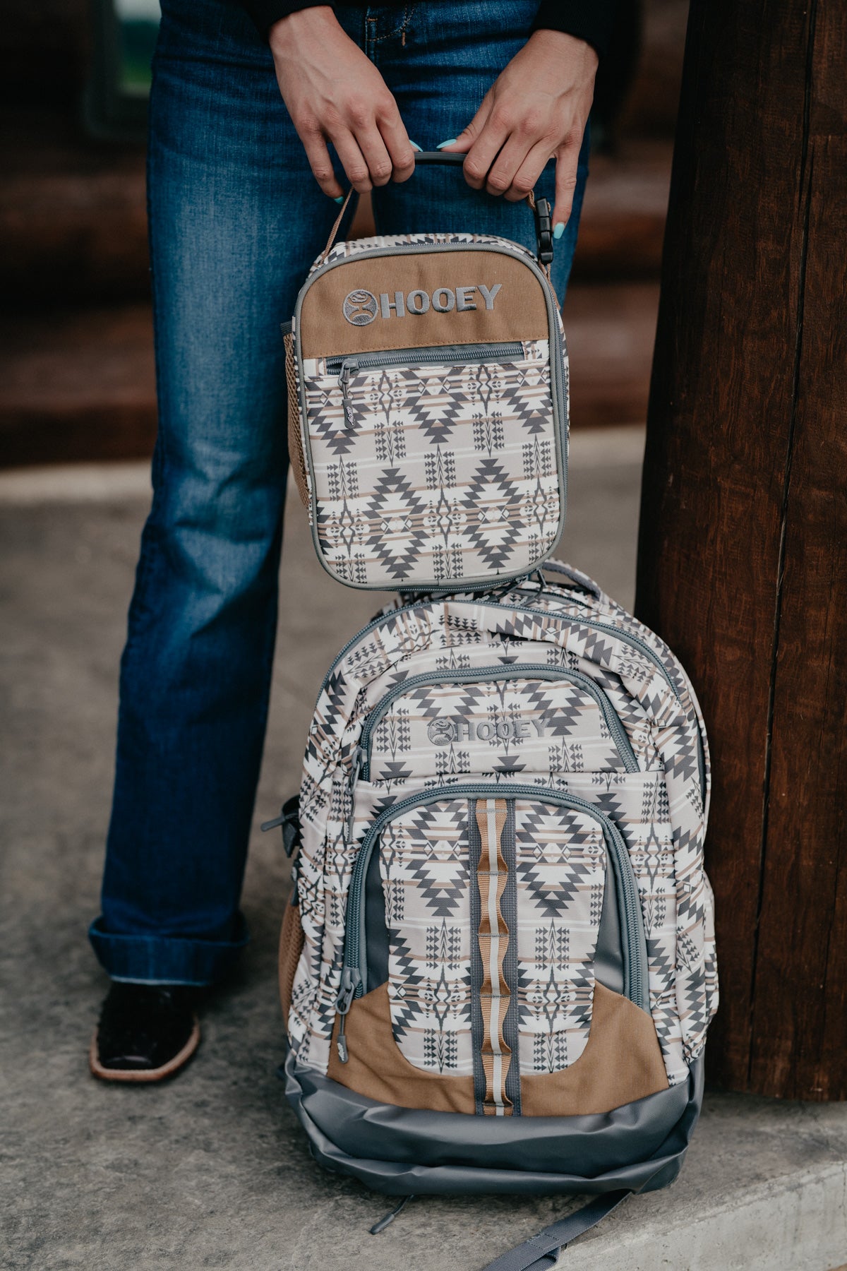OX Hooey Backpack - Tan / Charcoal Aztec Print Body with Tan Accents