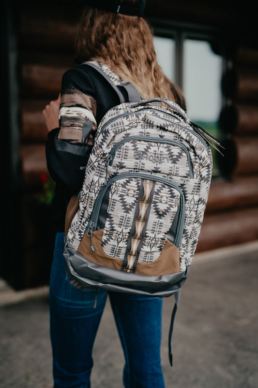 OX Hooey Backpack - Tan / Charcoal Aztec Print Body with Tan Accents
