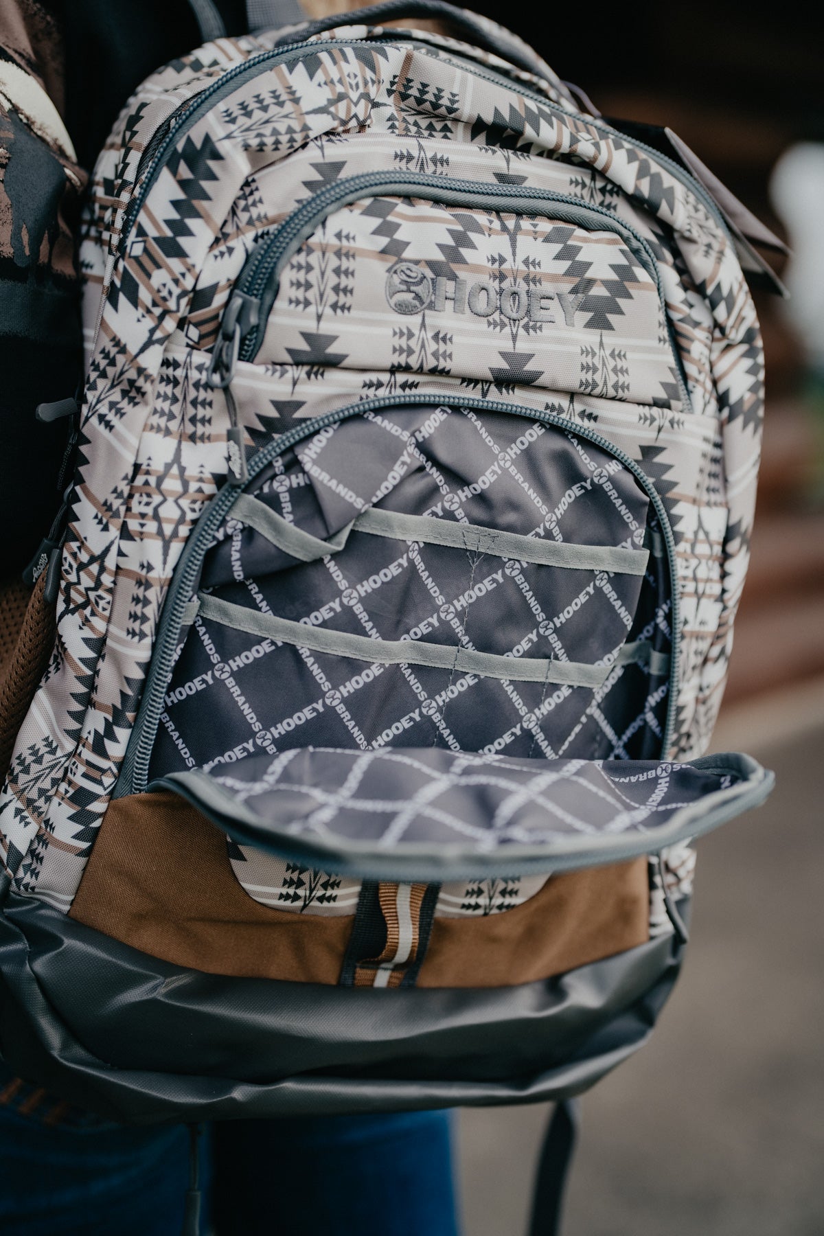 OX Hooey Backpack - Tan / Charcoal Aztec Print Body with Tan Accents