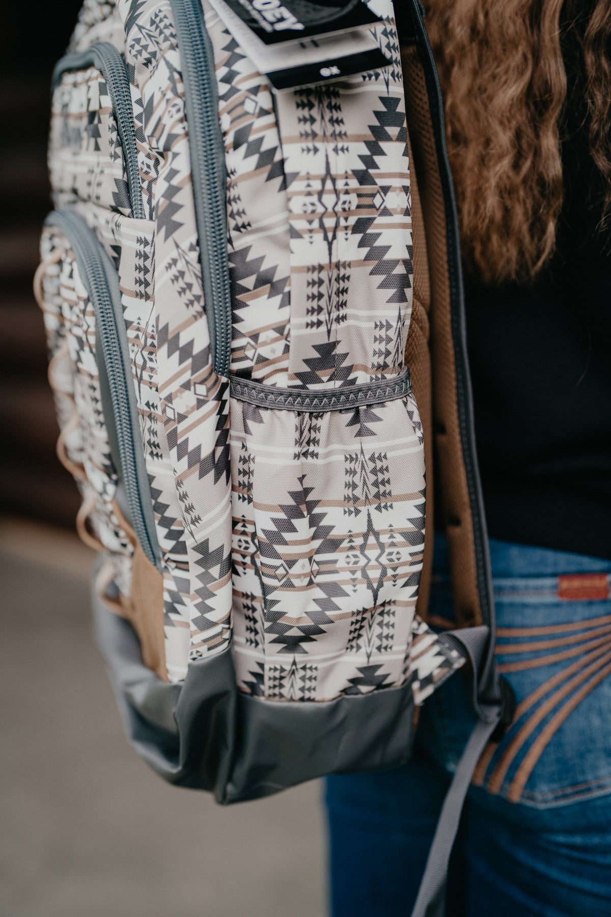 OX Hooey Backpack - Tan / Charcoal Aztec Print Body with Tan Accents
