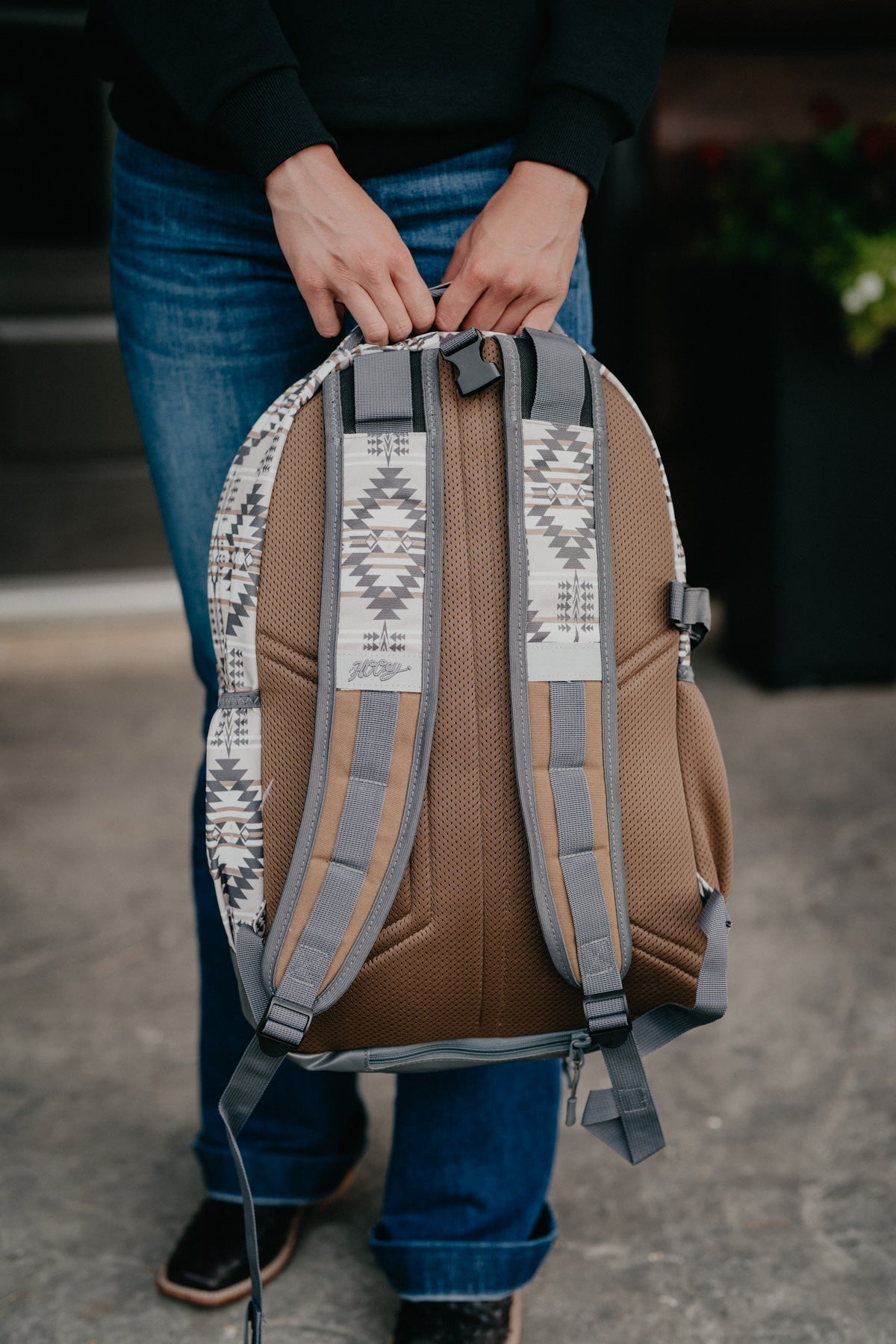 OX Hooey Backpack - Tan / Charcoal Aztec Print Body with Tan Accents