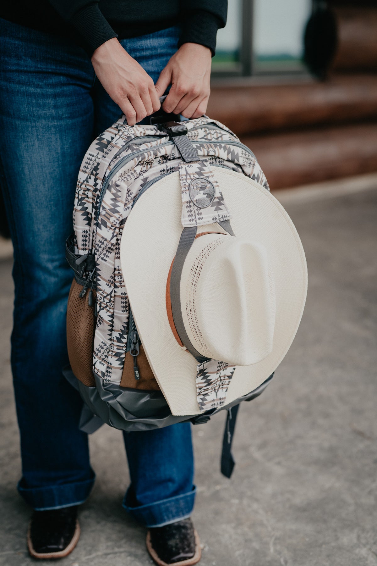 OX Hooey Backpack - Tan / Charcoal Aztec Print Body with Tan Accents