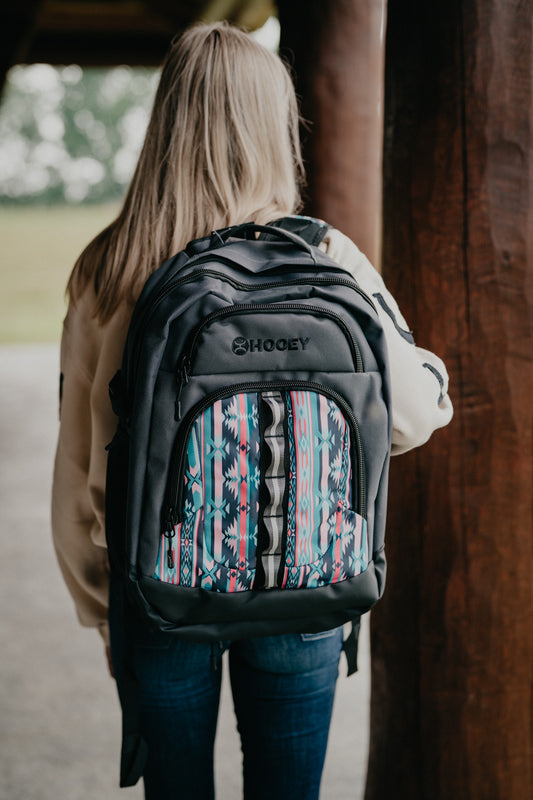 OX Hooey Backpack - Charcoal Body with Pink Multi Colour Aztec Print Pocket