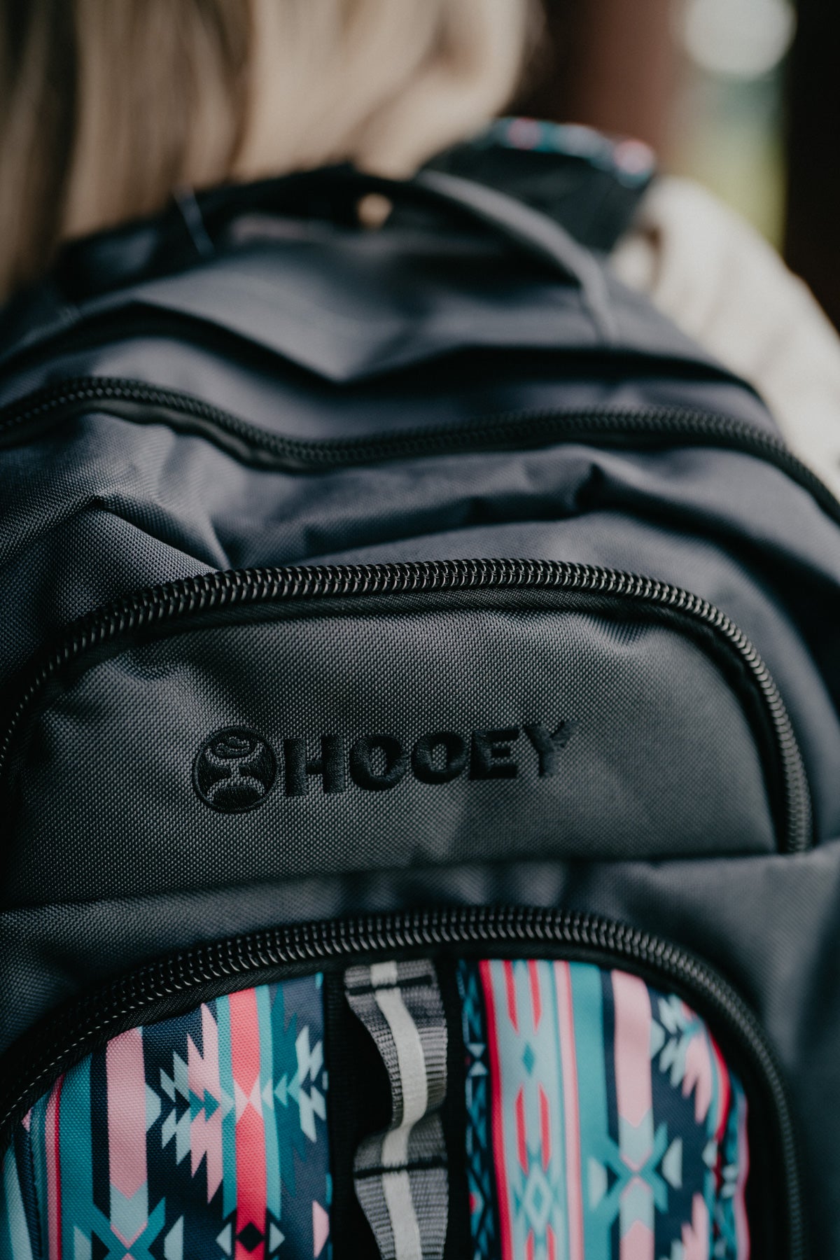 OX Hooey Backpack - Charcoal Body with Pink Multi Colour Aztec Print Pocket