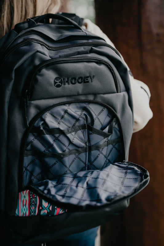 OX Hooey Backpack - Charcoal Body with Pink Multi Colour Aztec Print Pocket