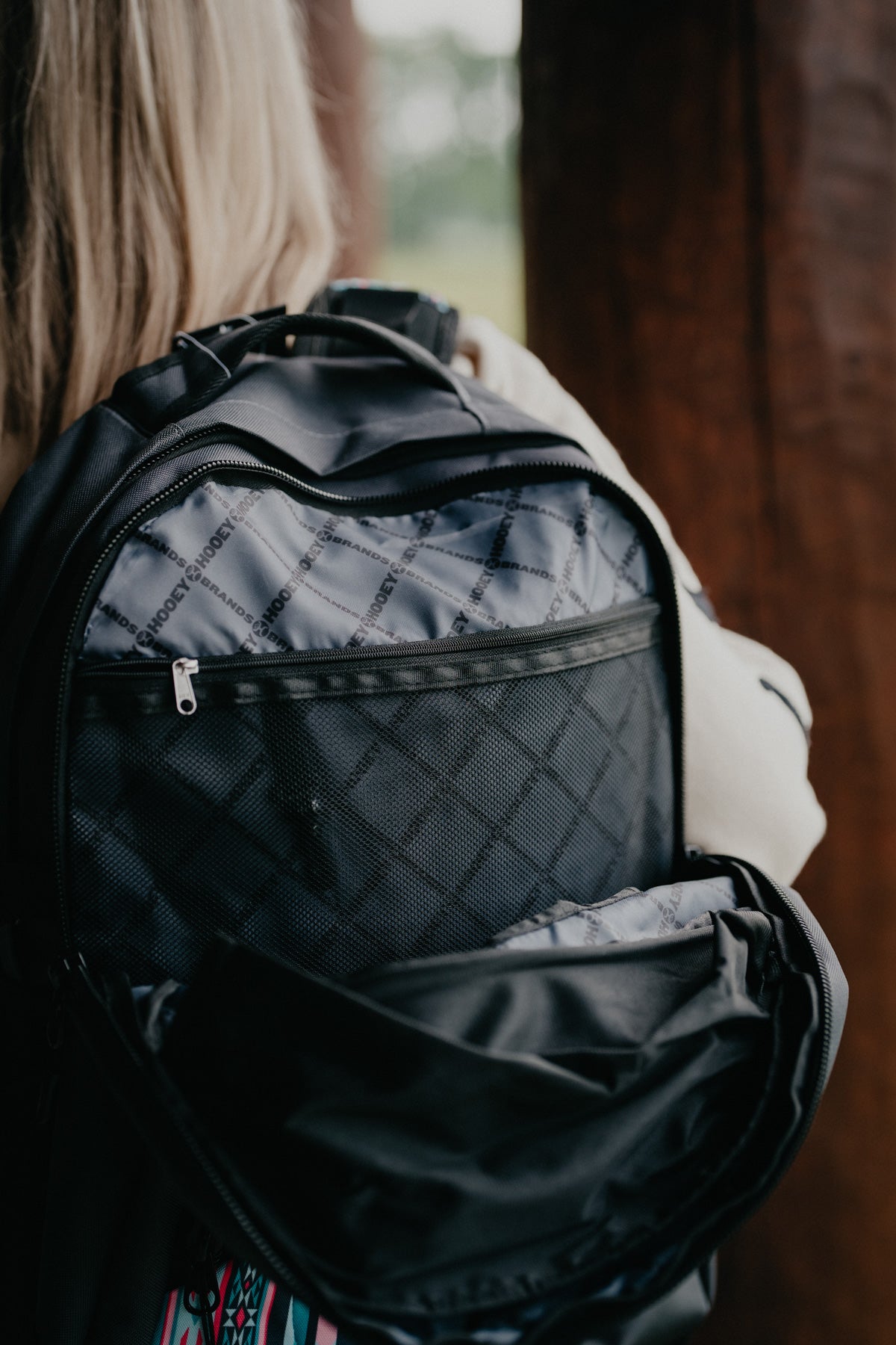 OX Hooey Backpack - Charcoal Body with Pink Multi Colour Aztec Print Pocket