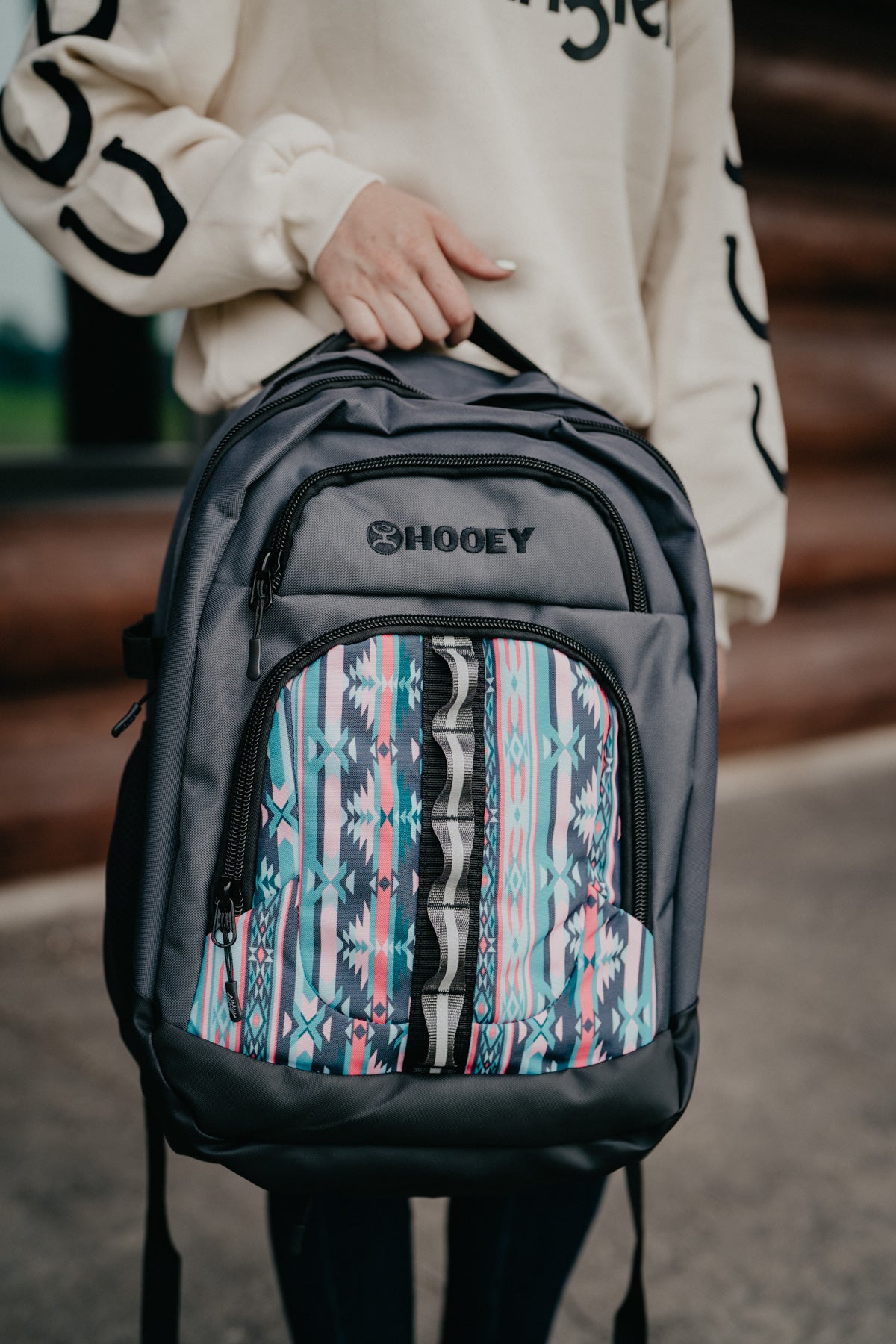 OX Hooey Backpack - Charcoal Body with Pink Multi Colour Aztec Print Pocket