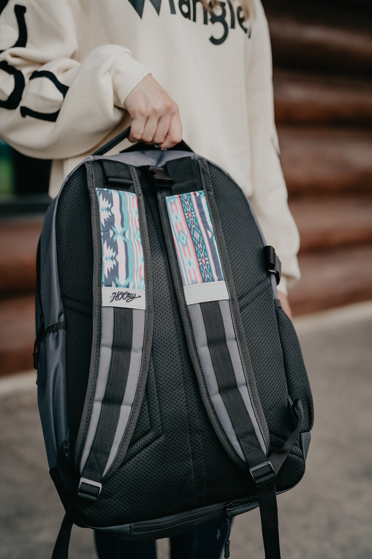 OX Hooey Backpack - Charcoal Body with Pink Multi Colour Aztec Print Pocket