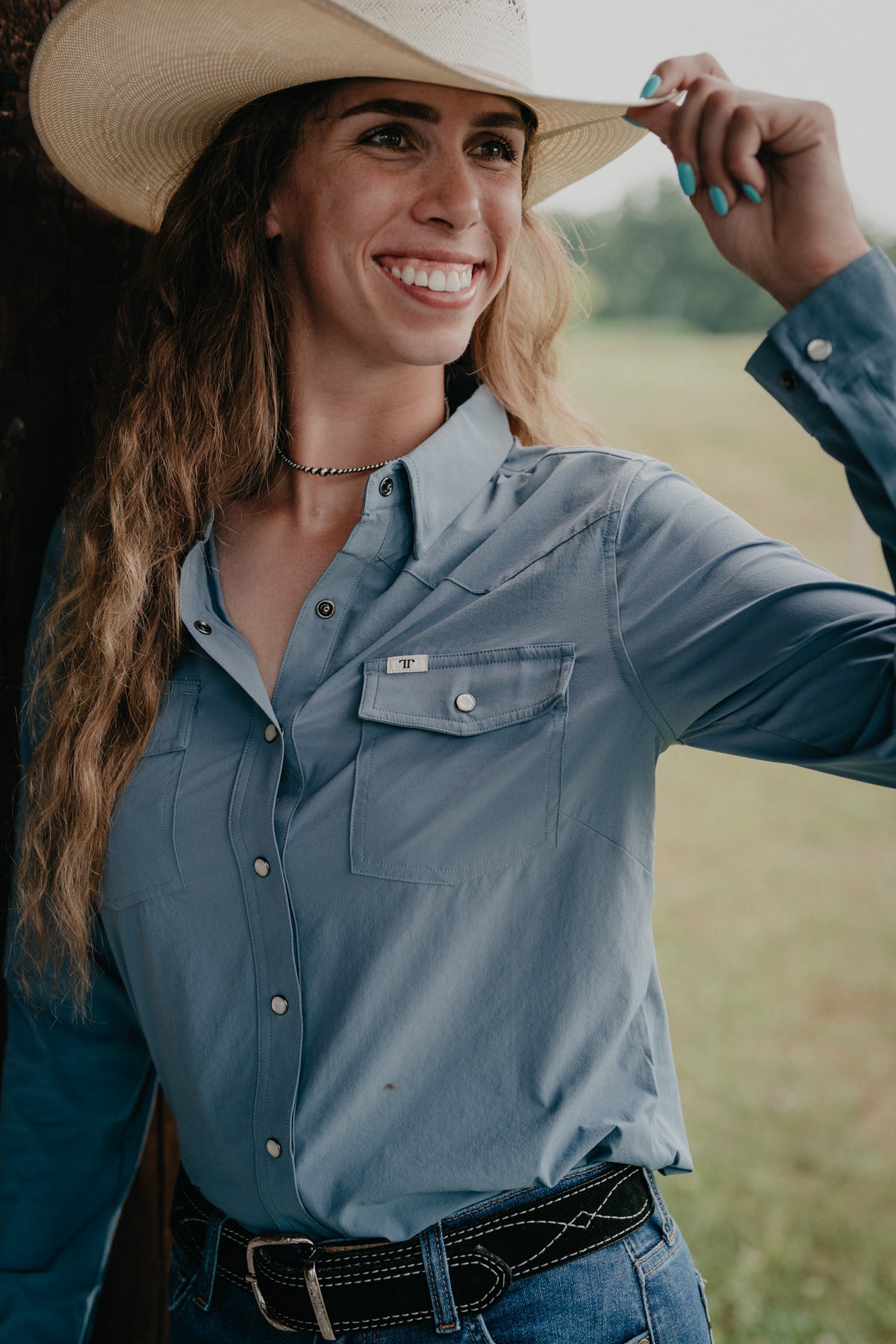 'Connie' Blue Women's Long Sleeve Pearl Snap by Ferrell (S-XXL)