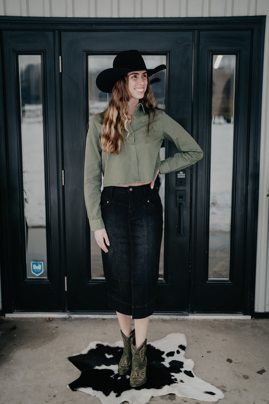 'Zoella' Women's Olive Cropped Button Up Shirt by Roper (XS-XL)