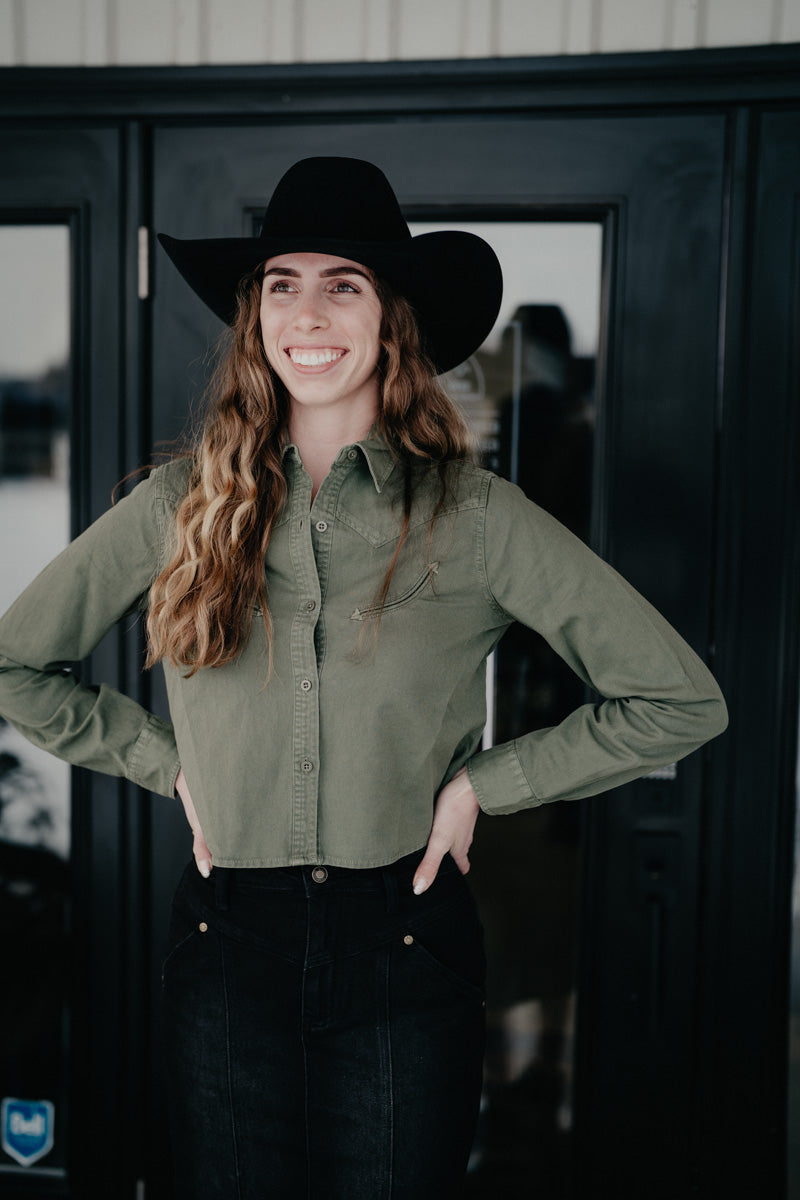 'Zoella' Women's Olive Cropped Button Up Shirt by Roper (XS-XL)