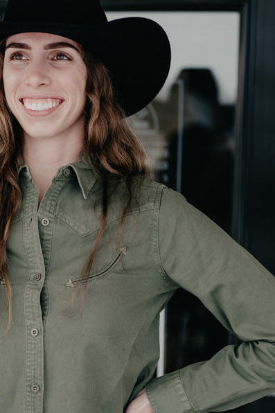 'Zoella' Women's Olive Cropped Button Up Shirt by Roper (XS-XL)