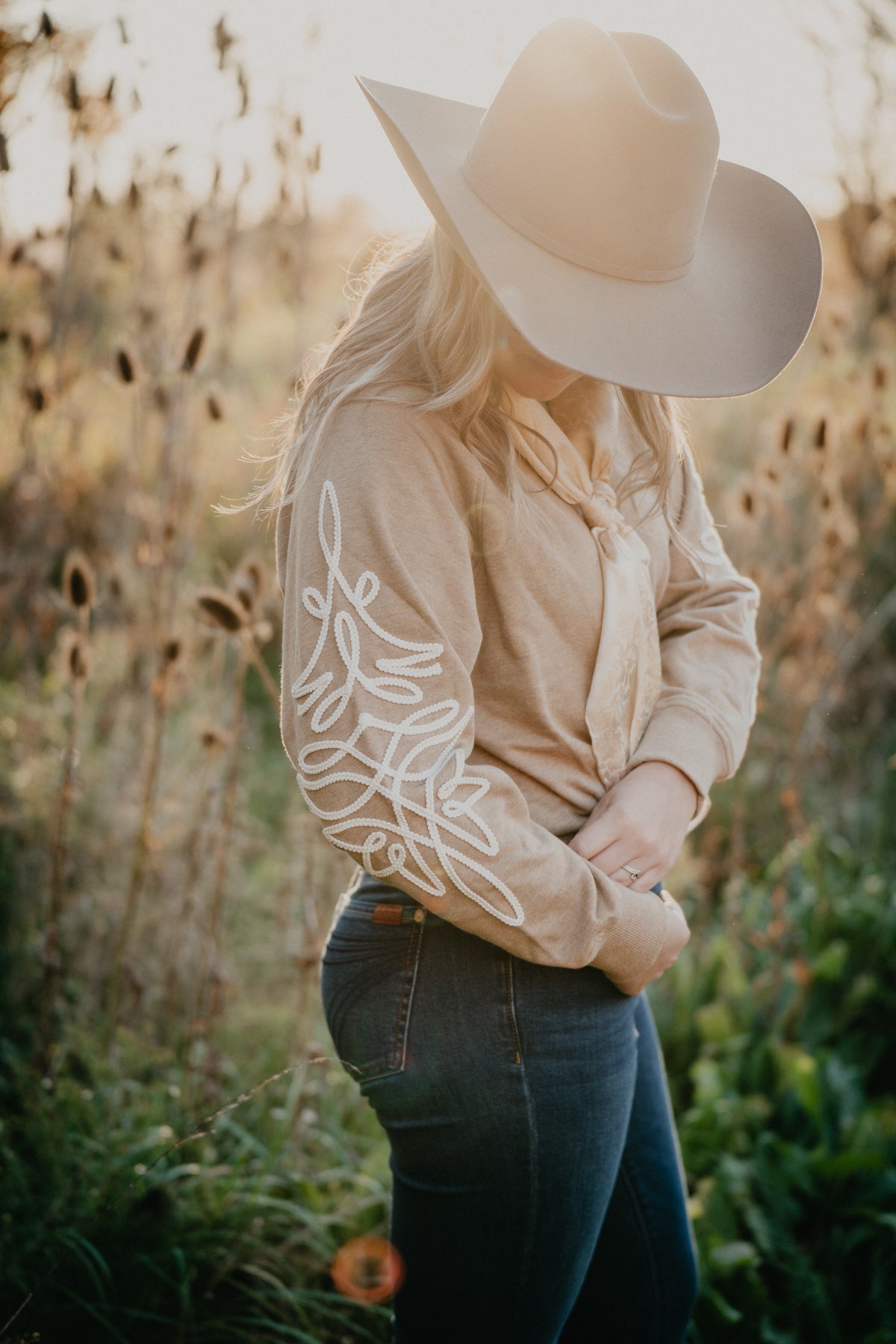 'Juliette' Ariat V Neck Khaki Sweatshirt with Bootstitch Sleeves