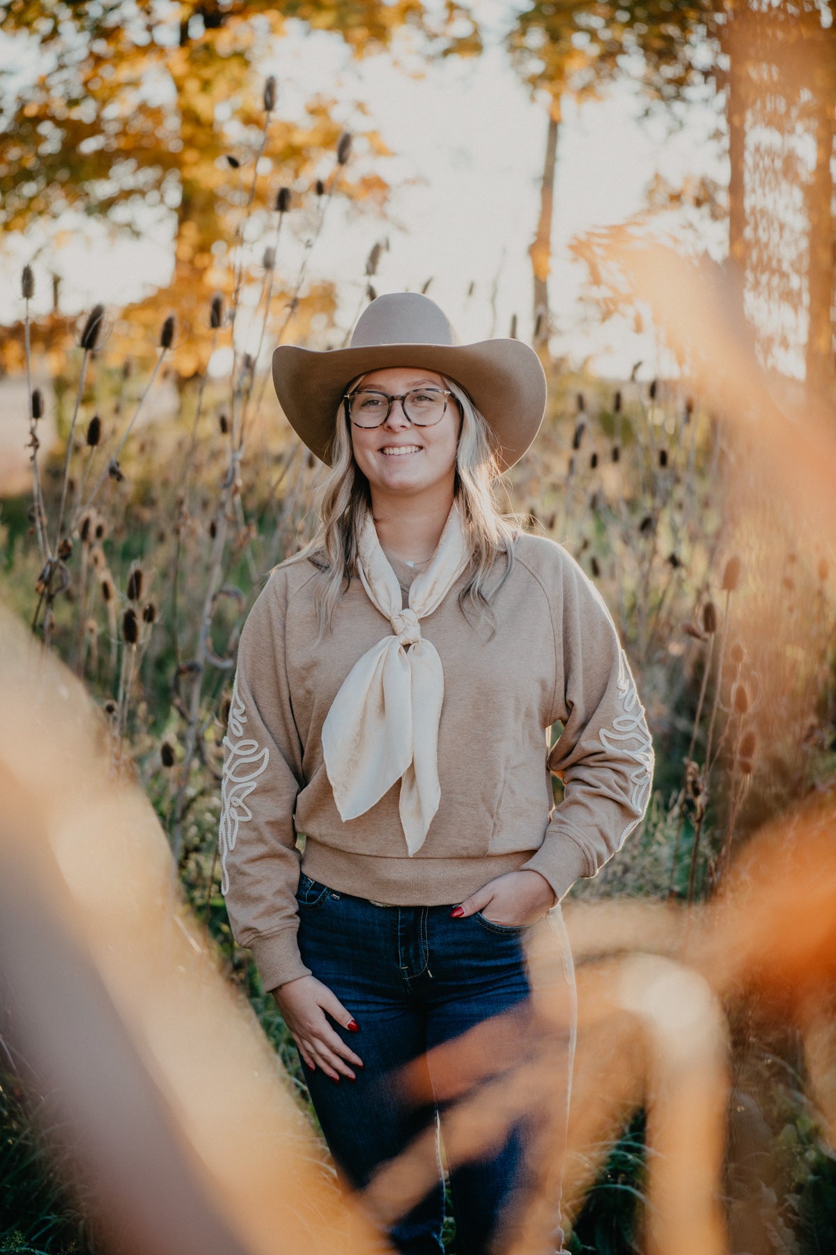 'Juliette' Ariat V Neck Khaki Sweatshirt with Bootstitch Sleeves