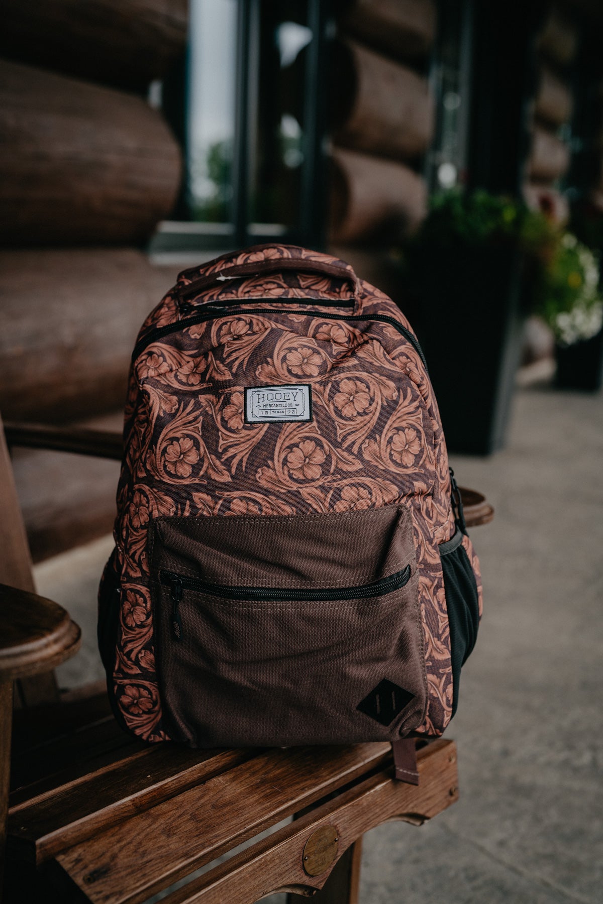 'Recess' Hooey Backpack - Brown / Tan Leather Pattern with Brown Pocket and Accents