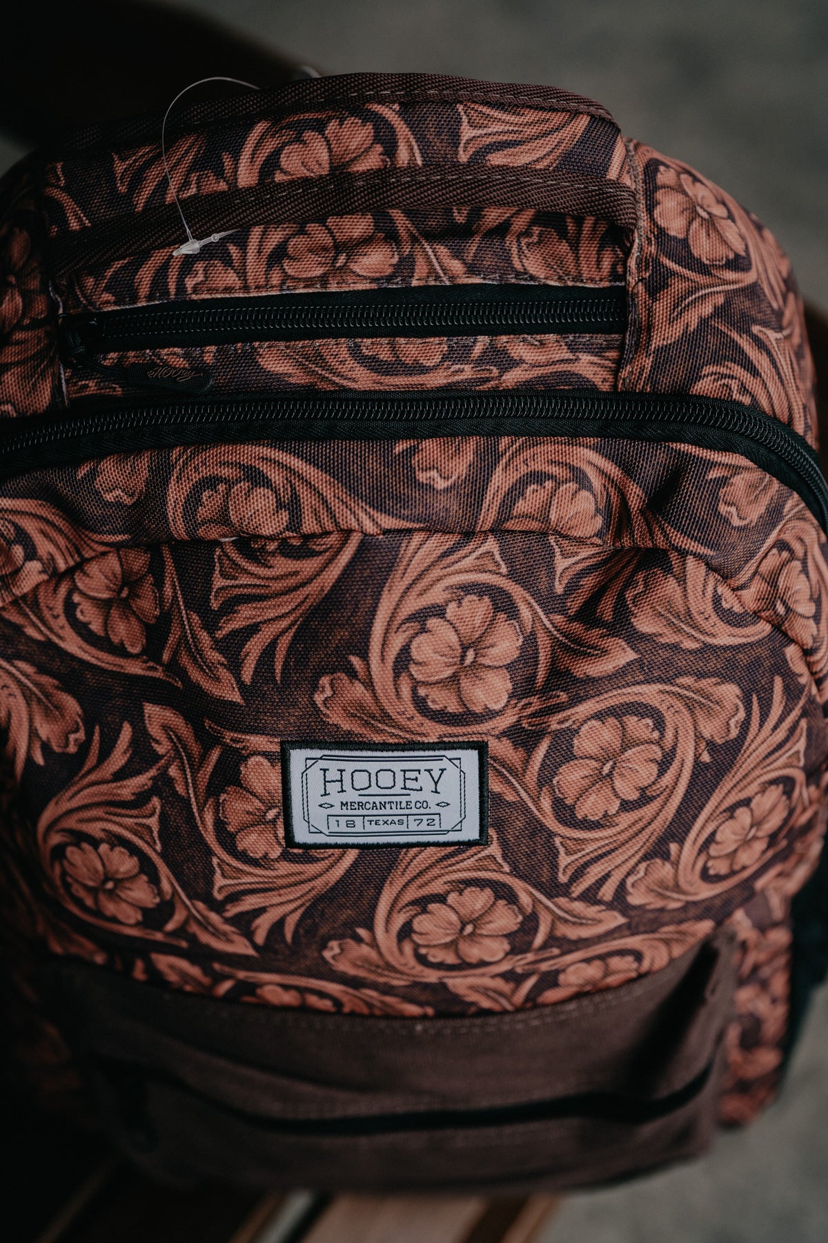 'Recess' Hooey Backpack - Brown / Tan Leather Pattern with Brown Pocket and Accents