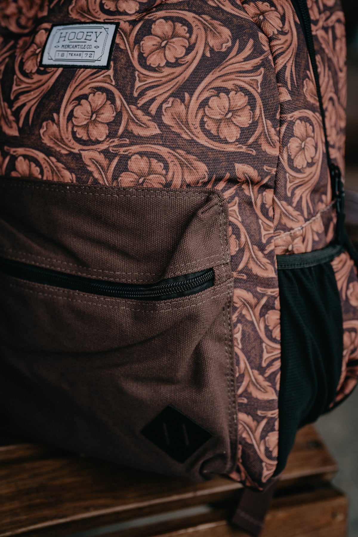 'Recess' Hooey Backpack - Brown / Tan Leather Pattern with Brown Pocket and Accents