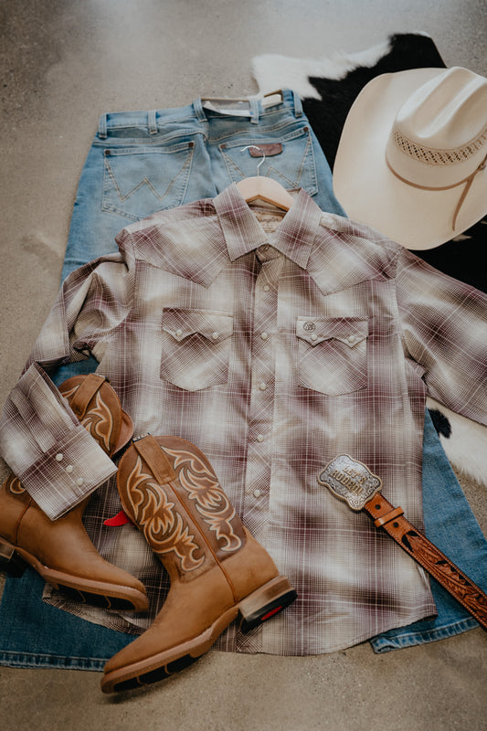 'Dwight' Men's Wrangler Retro Brown Plaid Pearl Snap (S-XXL)