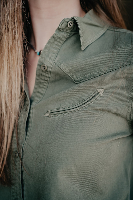 'Zoella' Women's Olive Cropped Button Up Shirt by Roper (1 XL Only)