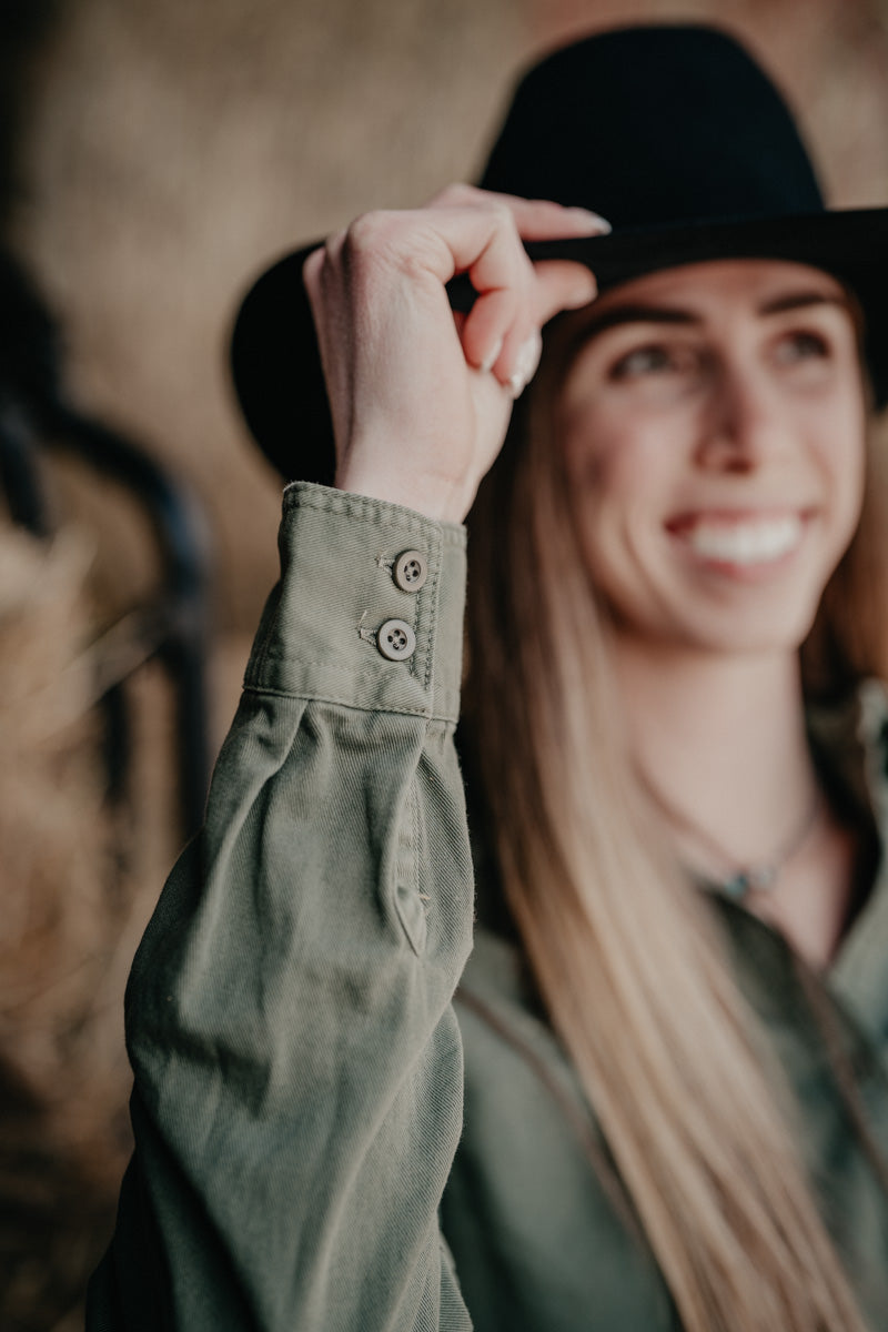 'Zoella' Women's Olive Cropped Button Up Shirt by Roper (1 XL Only)