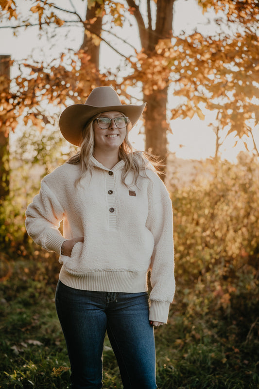 'Shayla' Women's Cream Sherpa 1/2 Button Hoodie by Kimes Ranch