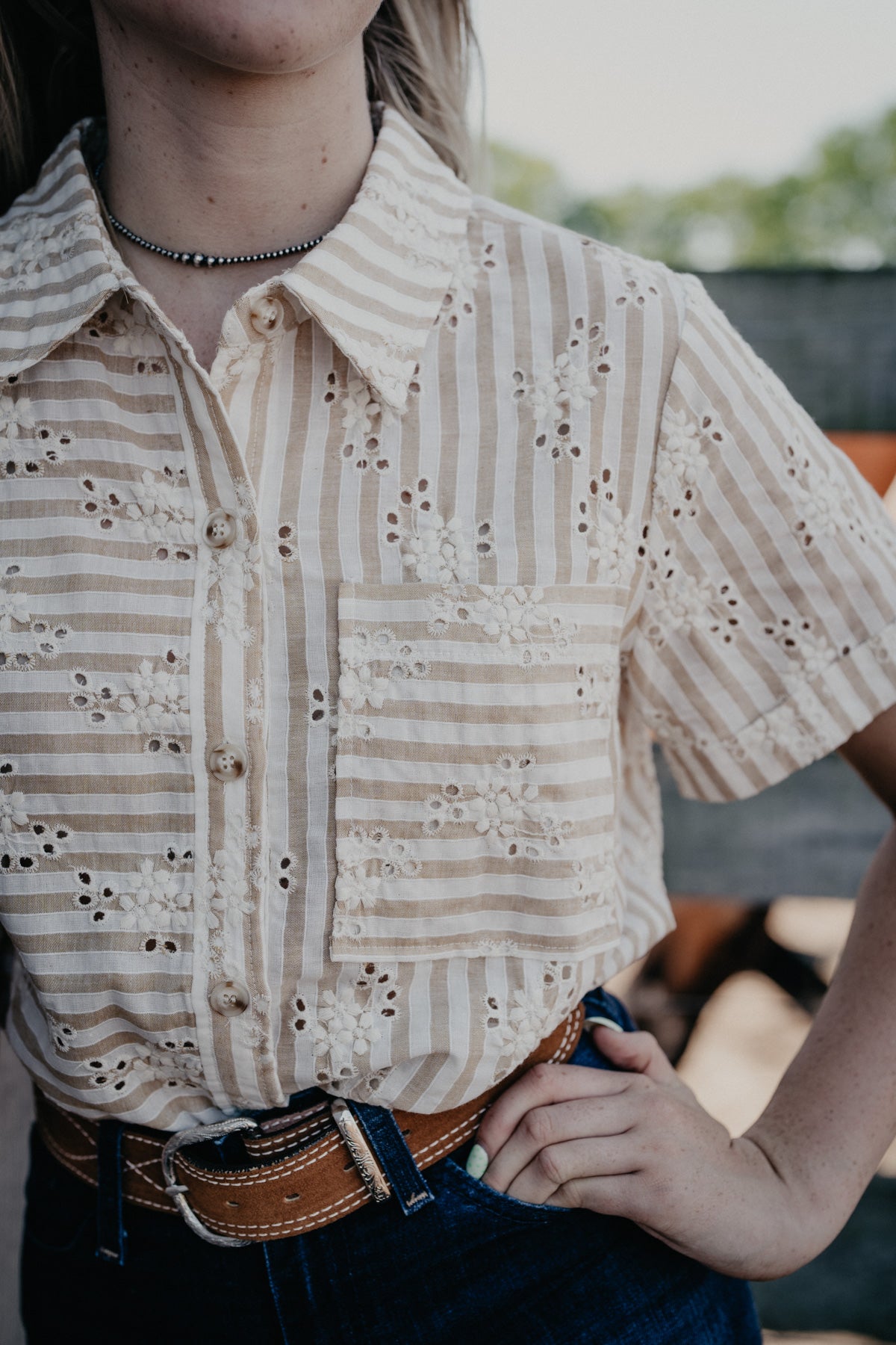 'Cheyanne' Tan Pin Stripe Eyelet Embroidered Top