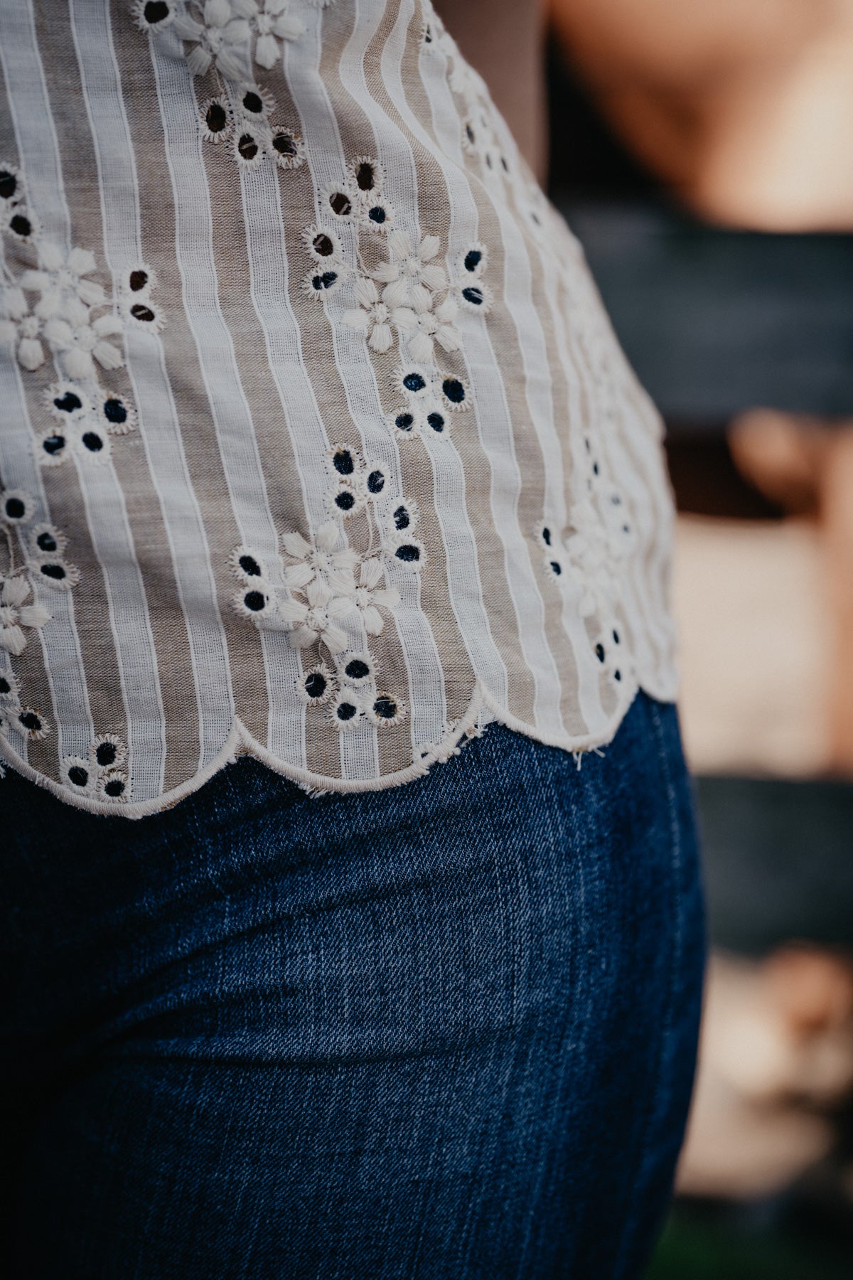 'Cheyanne' Tan Pin Stripe Eyelet Embroidered Top