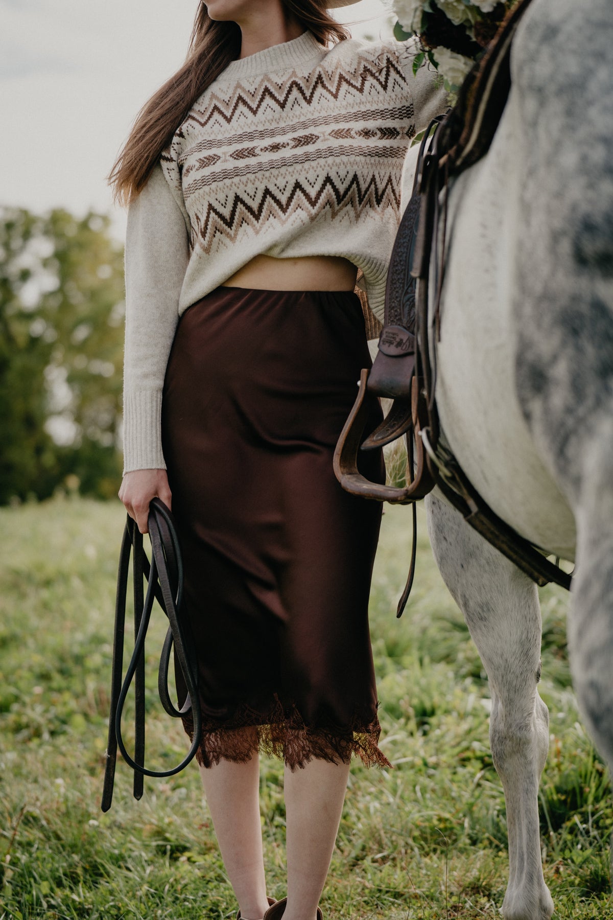 'Riah' Chocolate Brown Satin Midi Skirt with Lace Hem