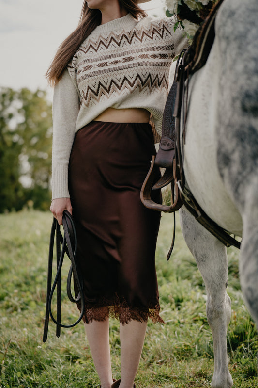 'Riah' Chocolate Brown Satin Midi Skirt with Lace Hem