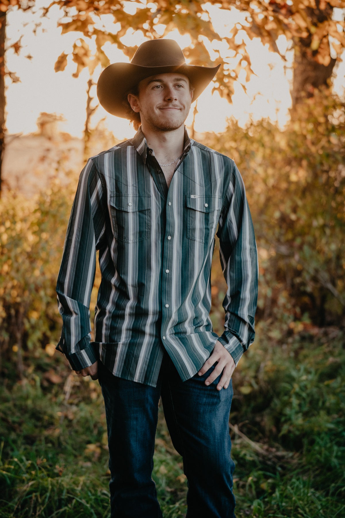 'Tristan' Men's Long Sleeve Green, Grey & White Pin Stripe Pearl Snap by Ferrell