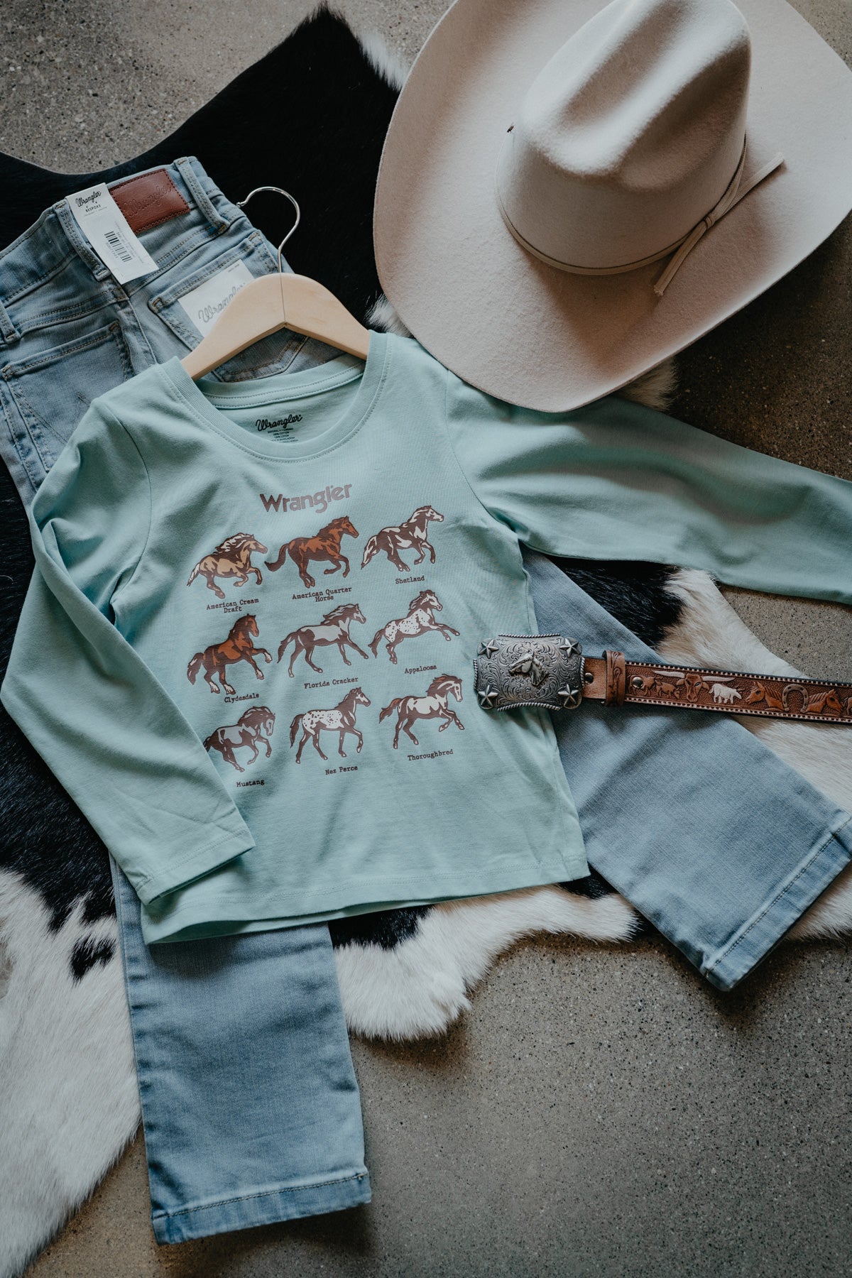 'Horse Breeds' Girl's Muted Mint Green Graphic Long Sleeve by Wrangler