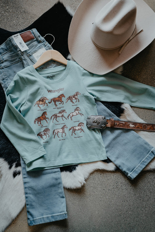 'Horse Breeds' Girl's Muted Mint Green Graphic Long Sleeve by Wrangler