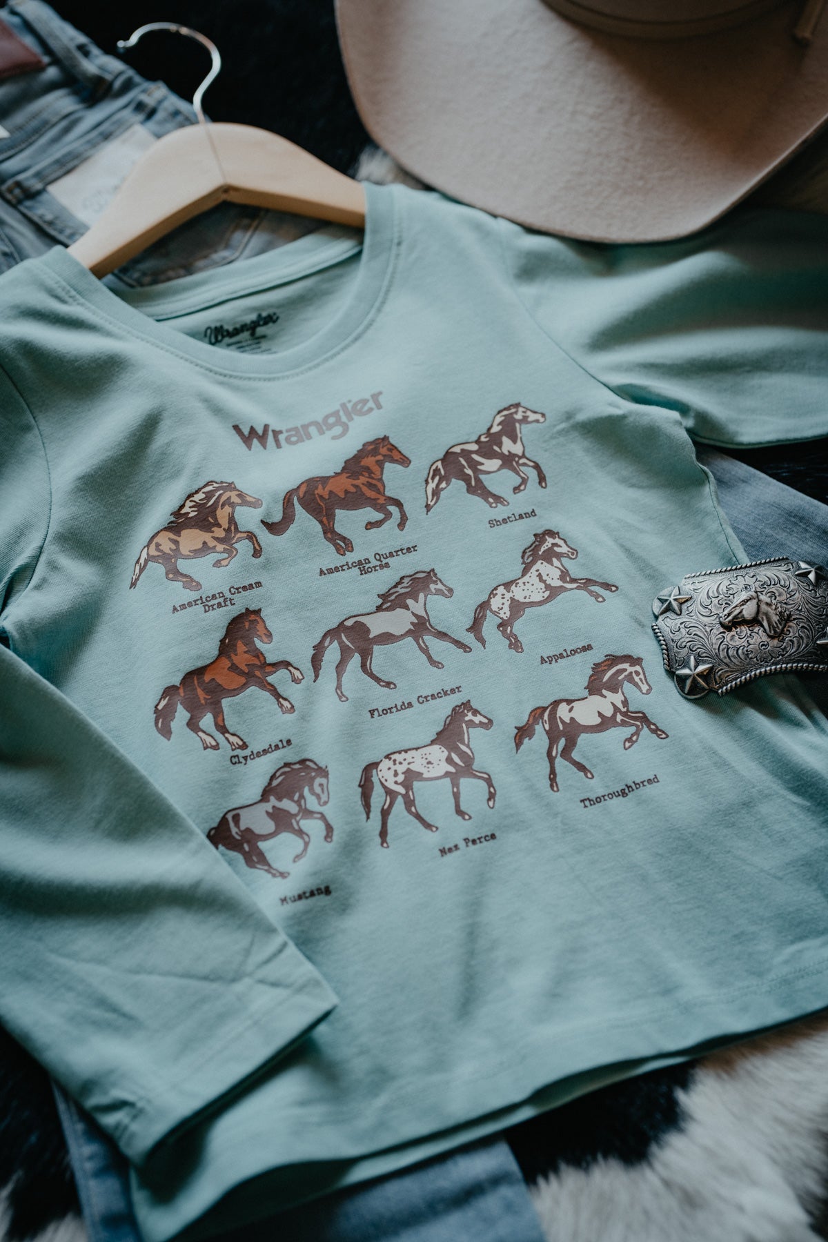 'Horse Breeds' Girl's Muted Mint Green Graphic Long Sleeve by Wrangler