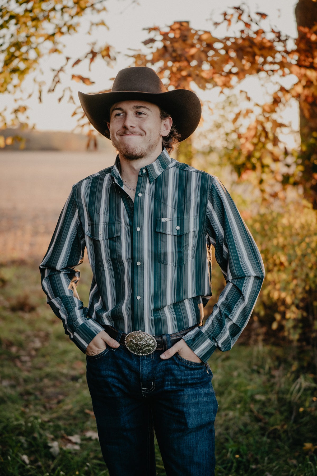'Tristan' Men's Long Sleeve Green, Grey & White Pin Stripe Pearl Snap by Ferrell
