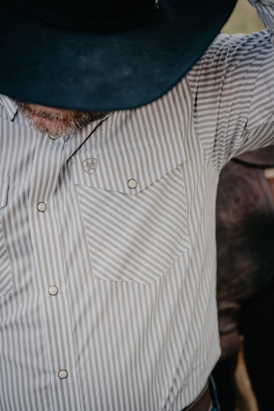 "Deacon" Men's Ariat Pro Series Fitted Tan Pinstripe Pearl Snap Shirt