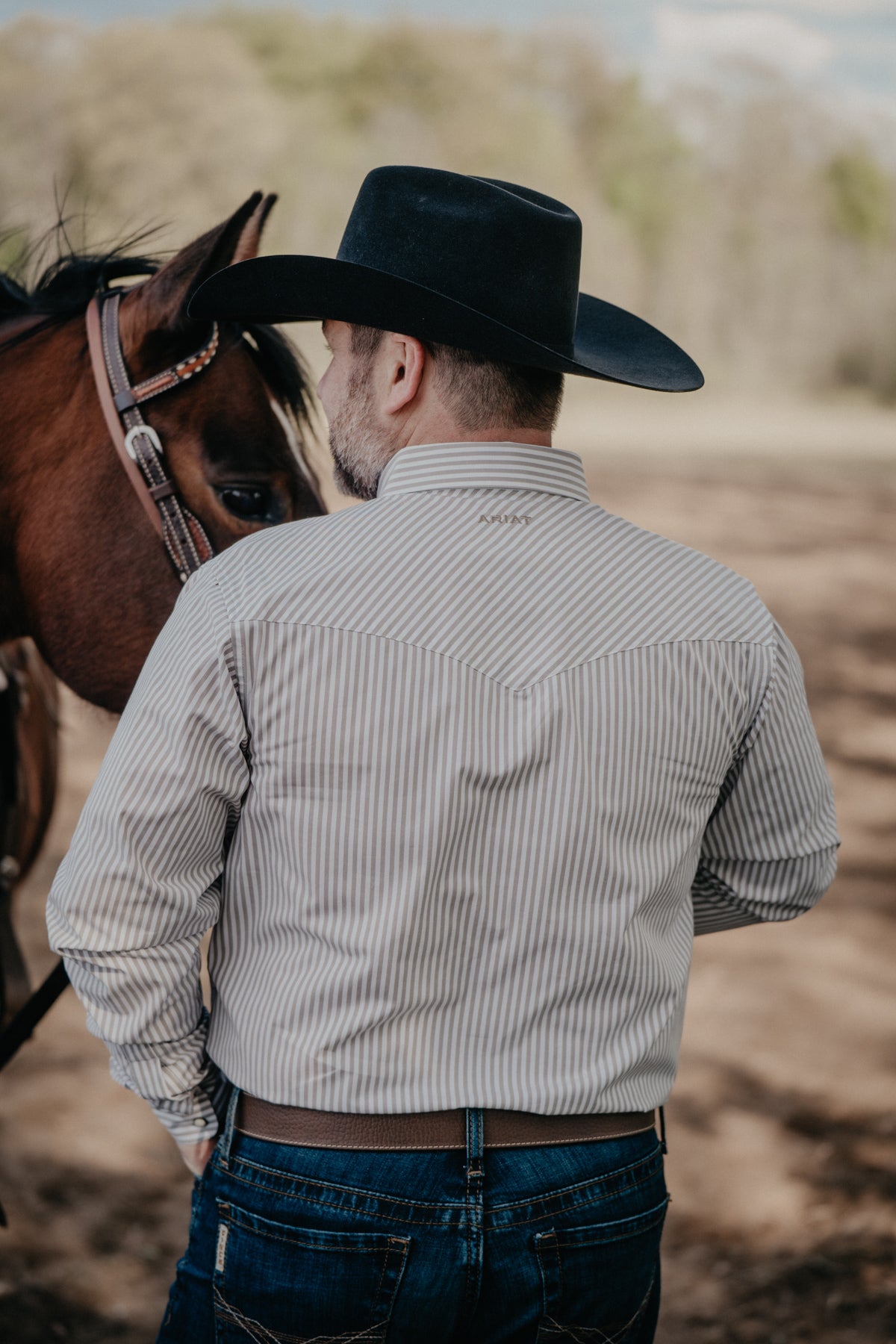 "Deacon" Men's Ariat Pro Series Fitted Tan Pinstripe Pearl Snap Shirt