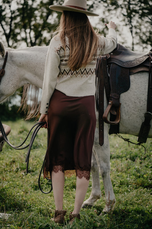 'Riah' Chocolate Brown Satin Midi Skirt with Lace Hem