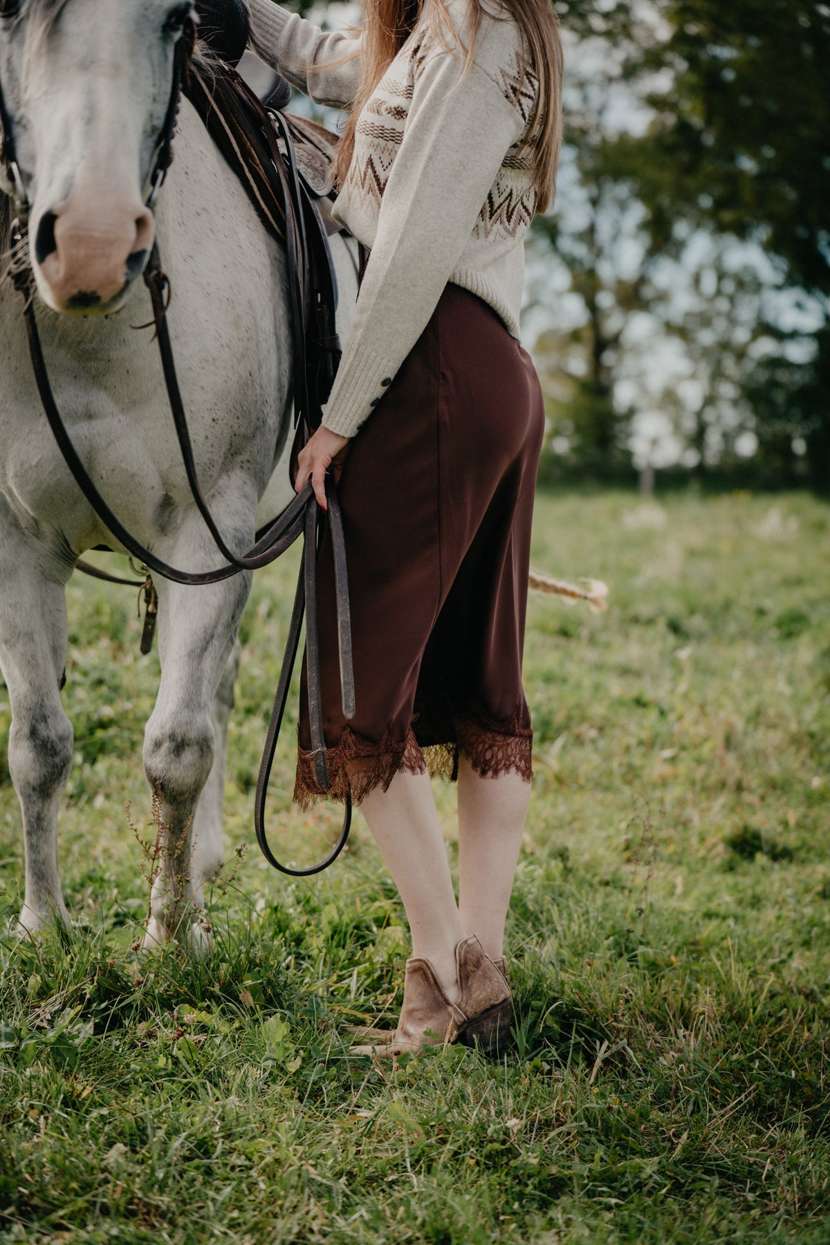 'Riah' Chocolate Brown Satin Midi Skirt with Lace Hem