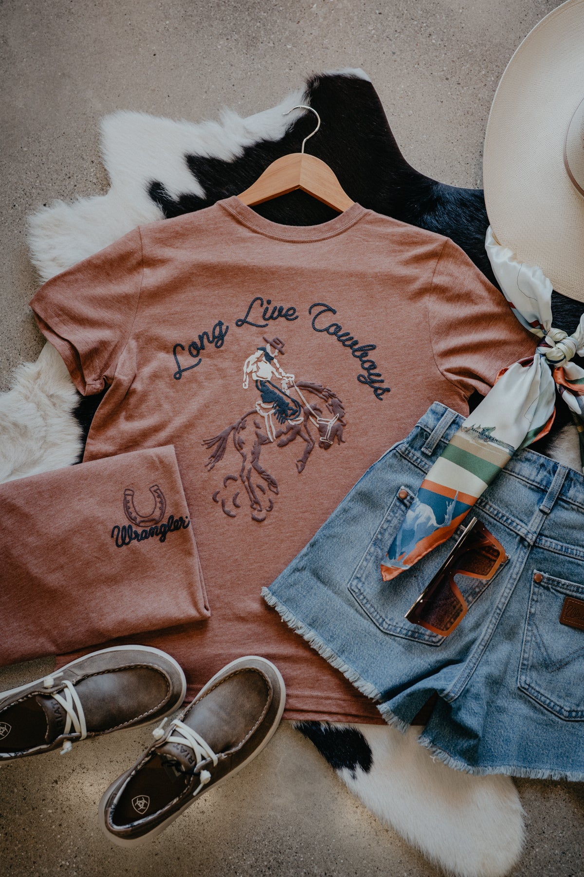 'Burnt Sienna' Women's Long Live Cowboys Bucking Horse T-Shirt (XS-XXL)